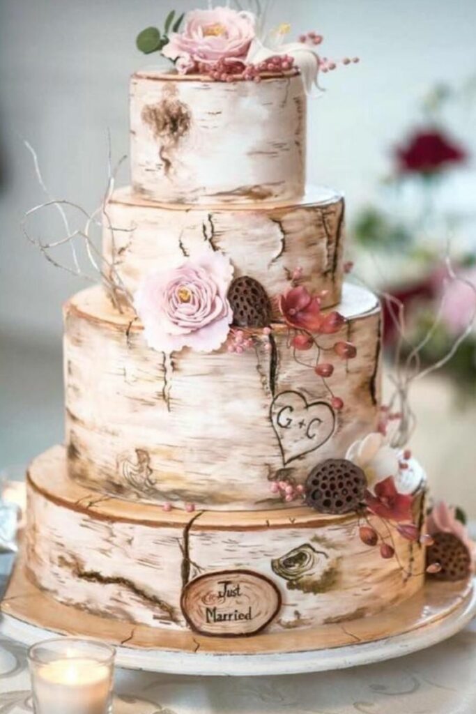 fall wedding rustic birch cake