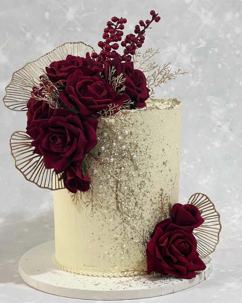 ivory and burgundy pearl buttercream wedding anniversary cake