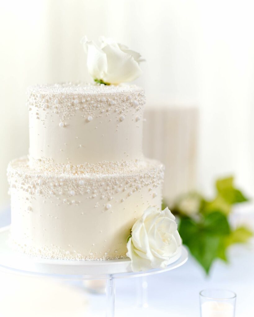 minimal two tier pearl wedding cake