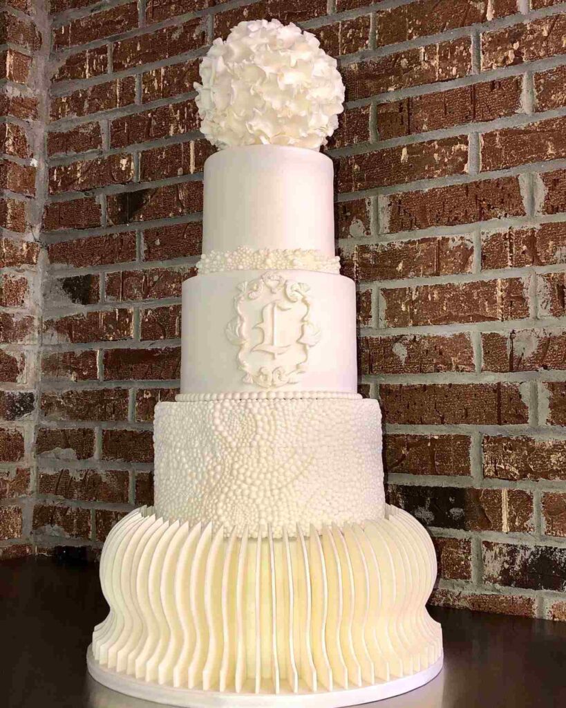 monochromatic wedding cake with pearl decor
