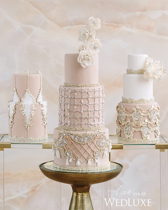 neutral pearl and crystal wedding cake
