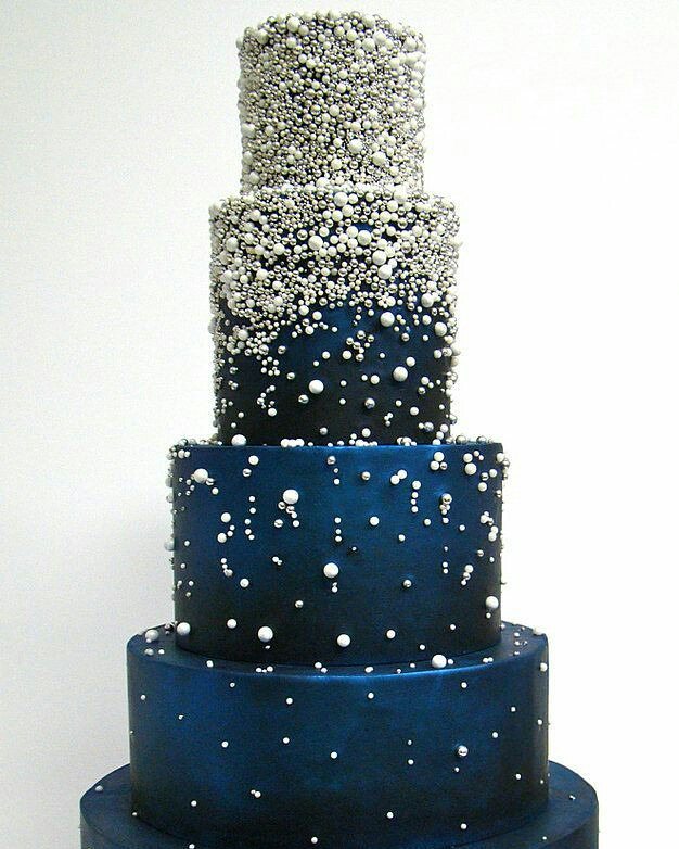 pearl adorned blue and silver wedding cake