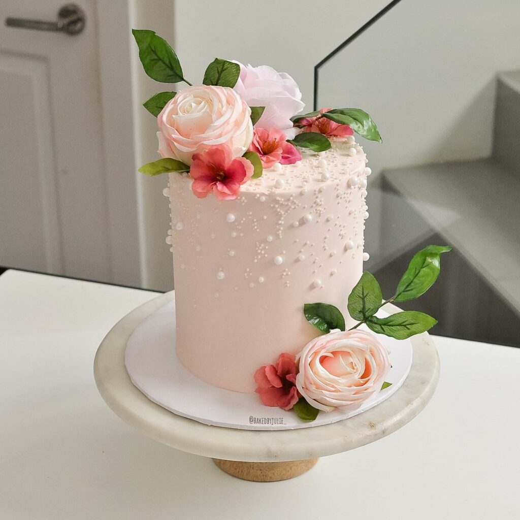 pink floral pearl waterfall wedding cake