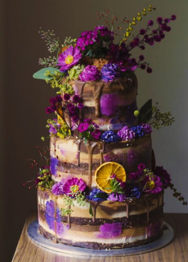 plum and navy semi naked rustic wedding cake
