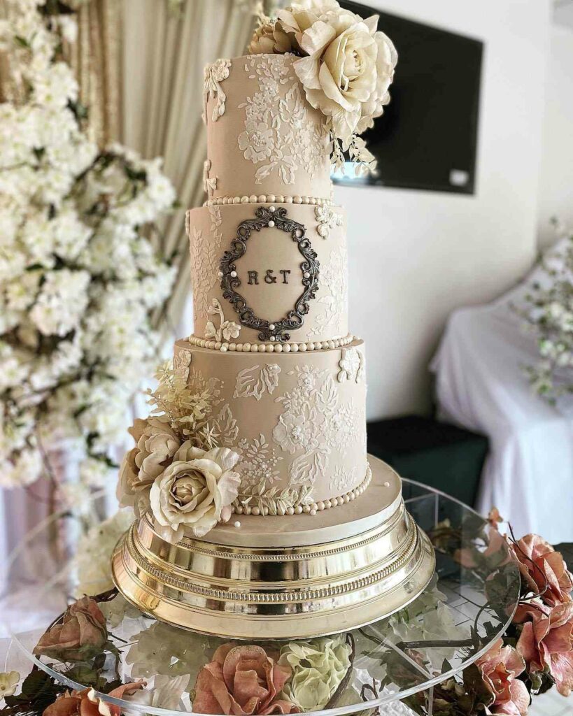 three tier pearl vintage wedding cake