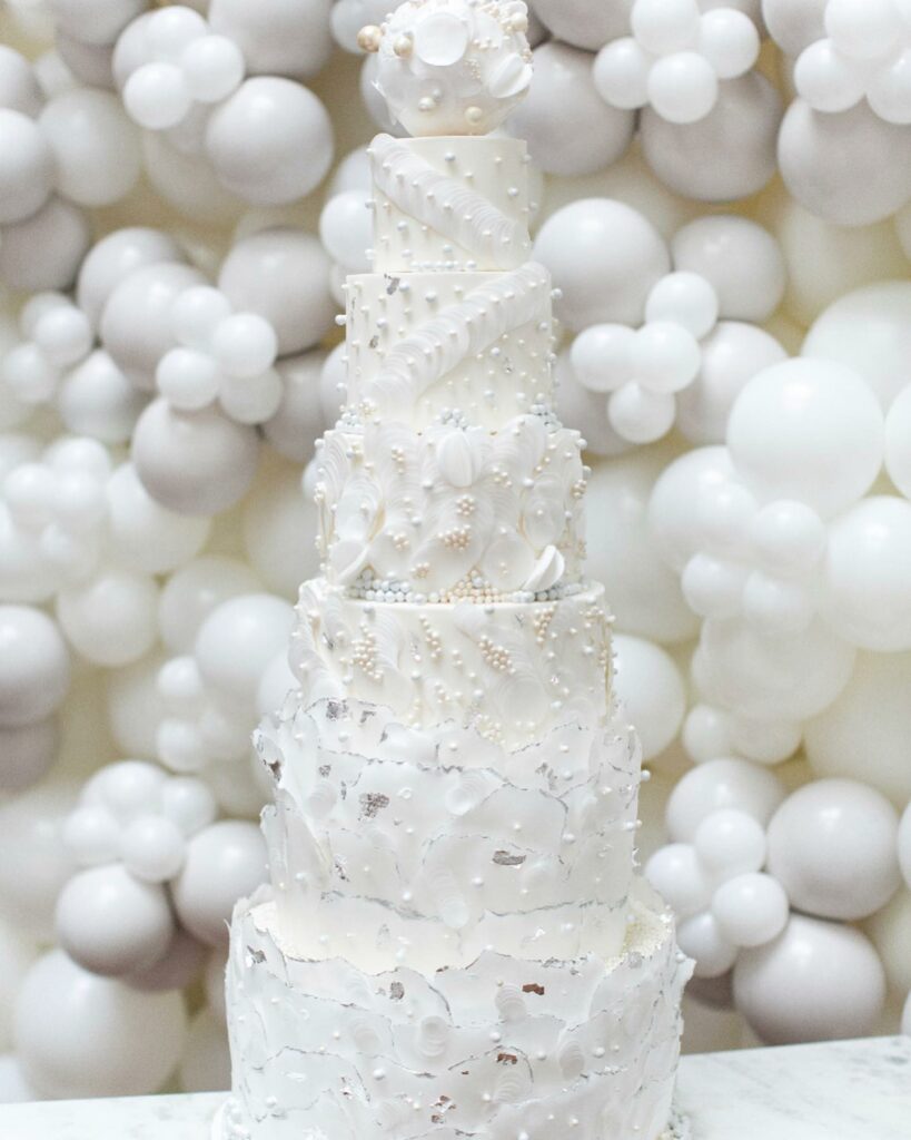 wafer paper and edible pearl wedding cake in white and silver
