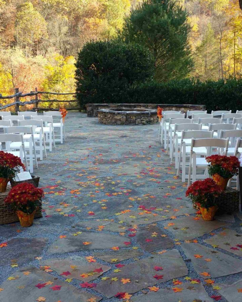 wedding in a fall with mountains and streams as a backdrop