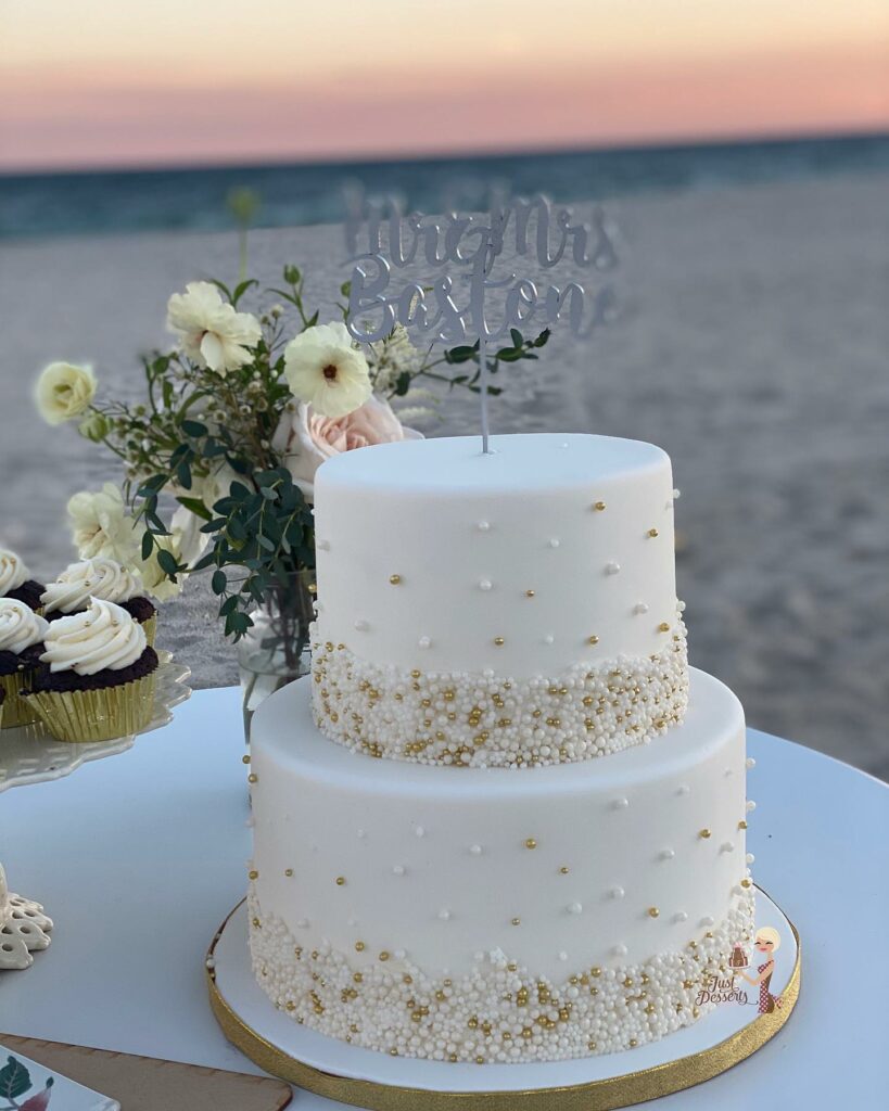 white and gold pearl simple wedding cake
