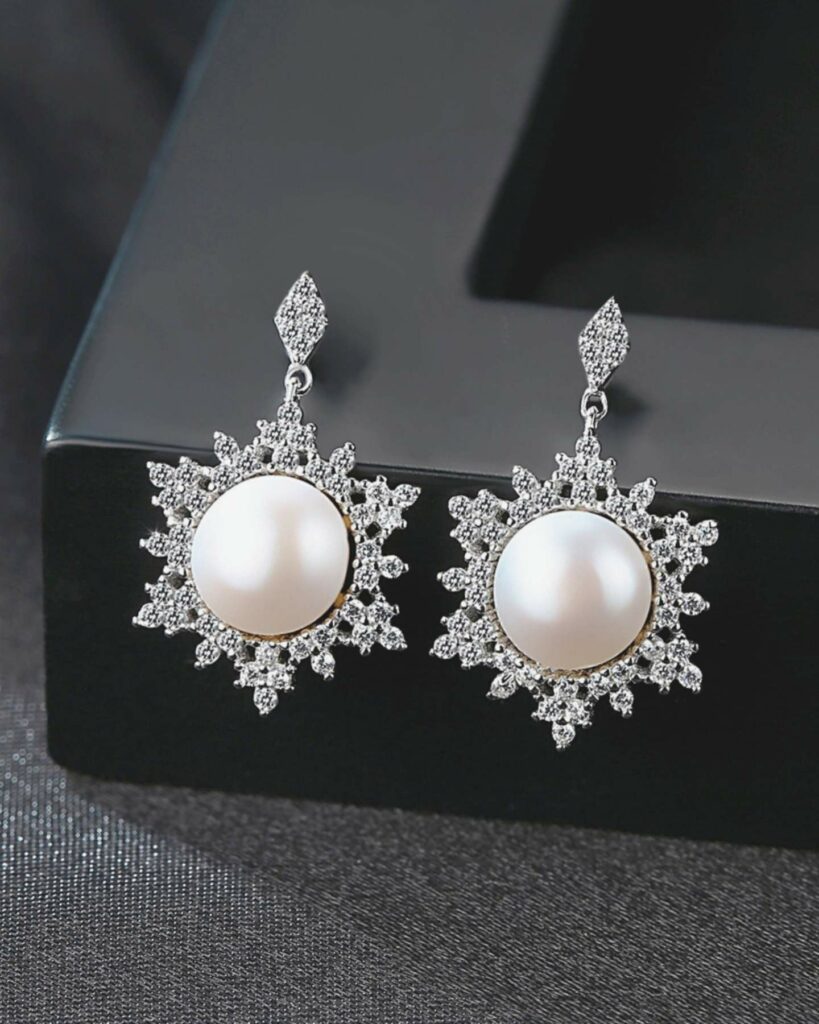 Freshwater Snowflake Shape Sterling Silver Pearl Drop Wedding Jewelry Earring