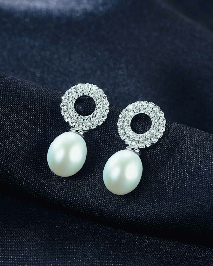 Freshwater sterling silver pearl stud wedding jewelry earrings adorned with dazzling crystal