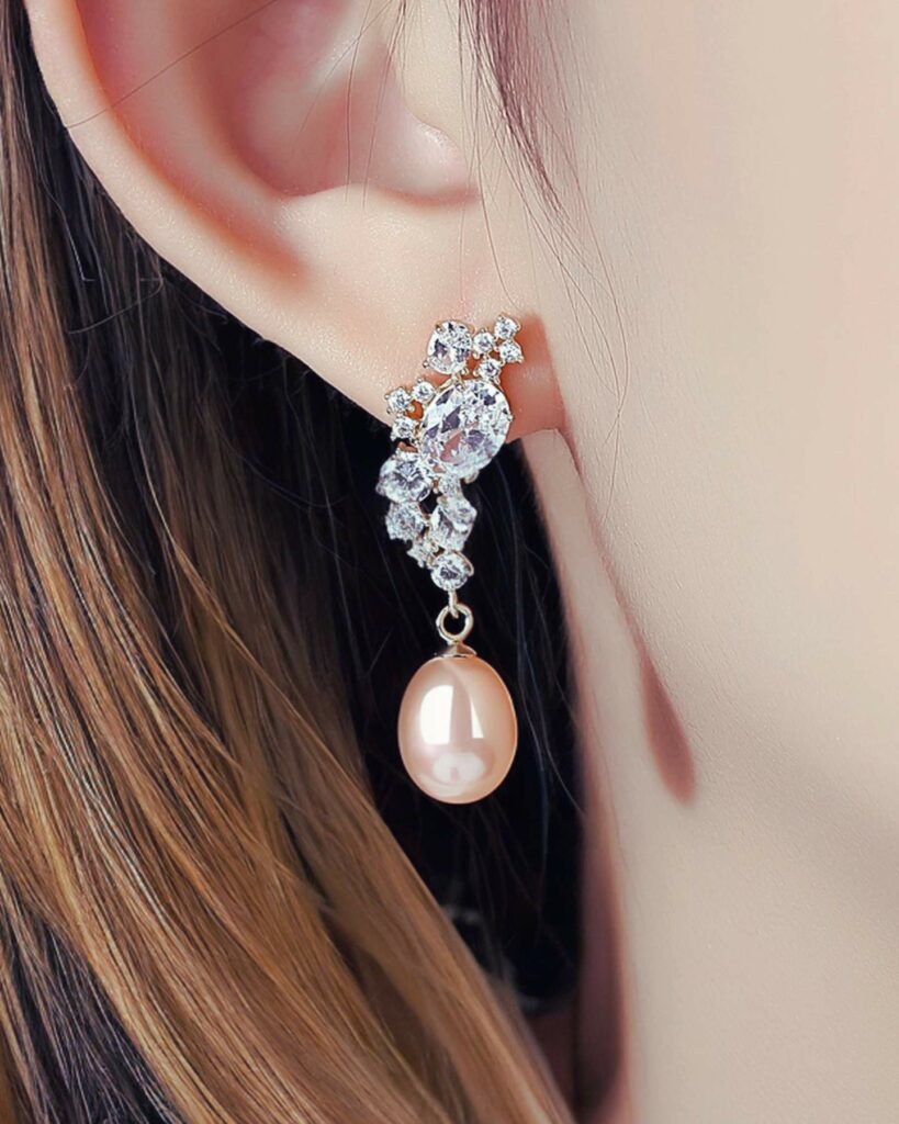 Natural freshwater pearl and zircon sterling silver flower drop bridal stud earring