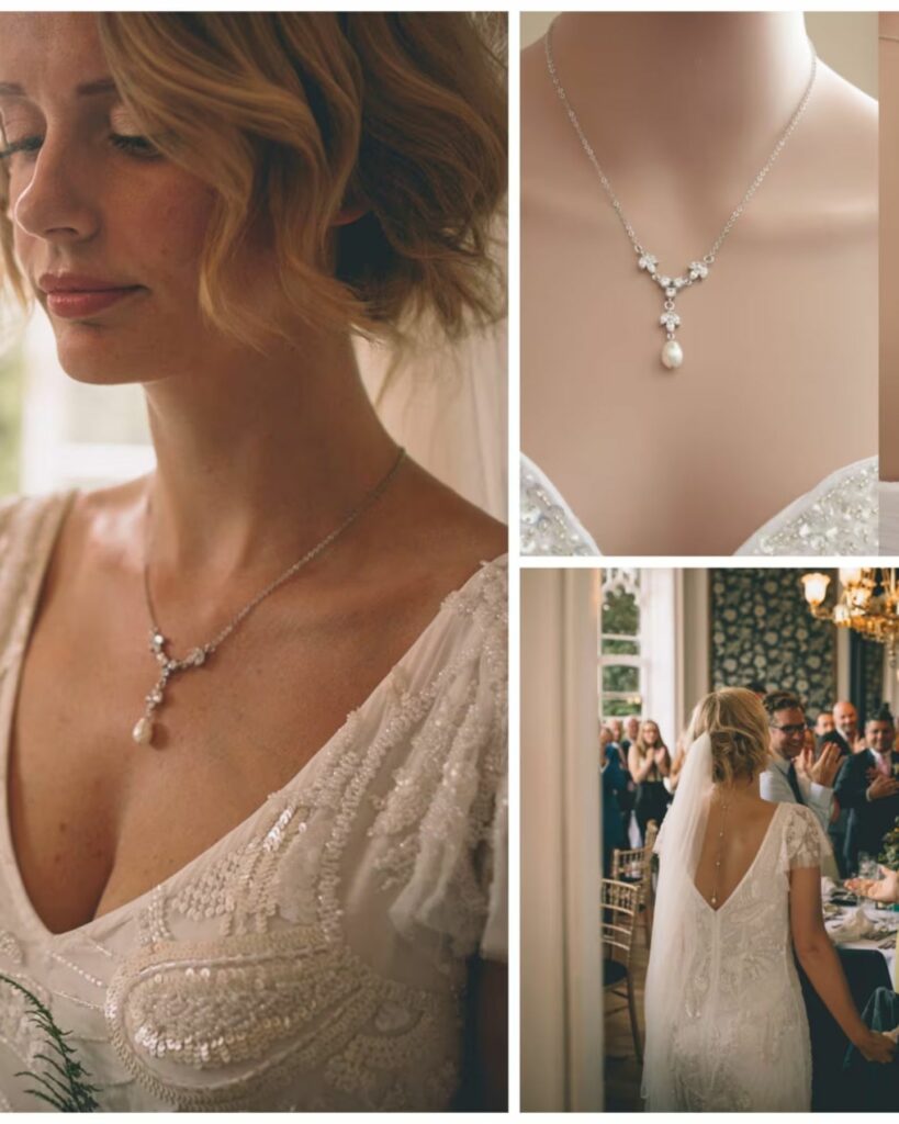 Pearl wedding jewelry set backdrop necklace