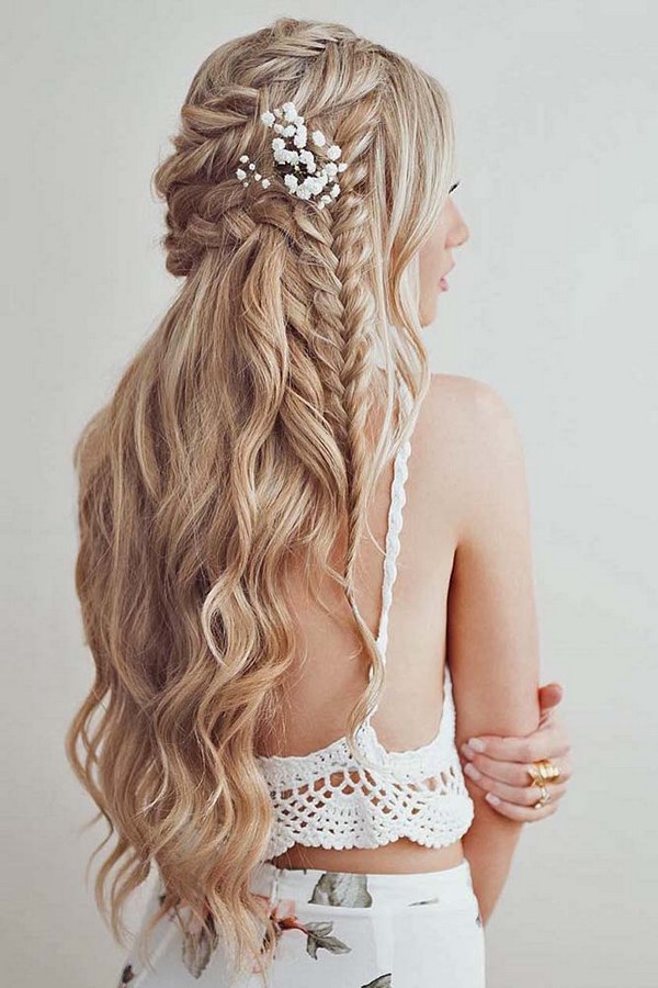 braided half up half down long bohemian wedding hairstyle