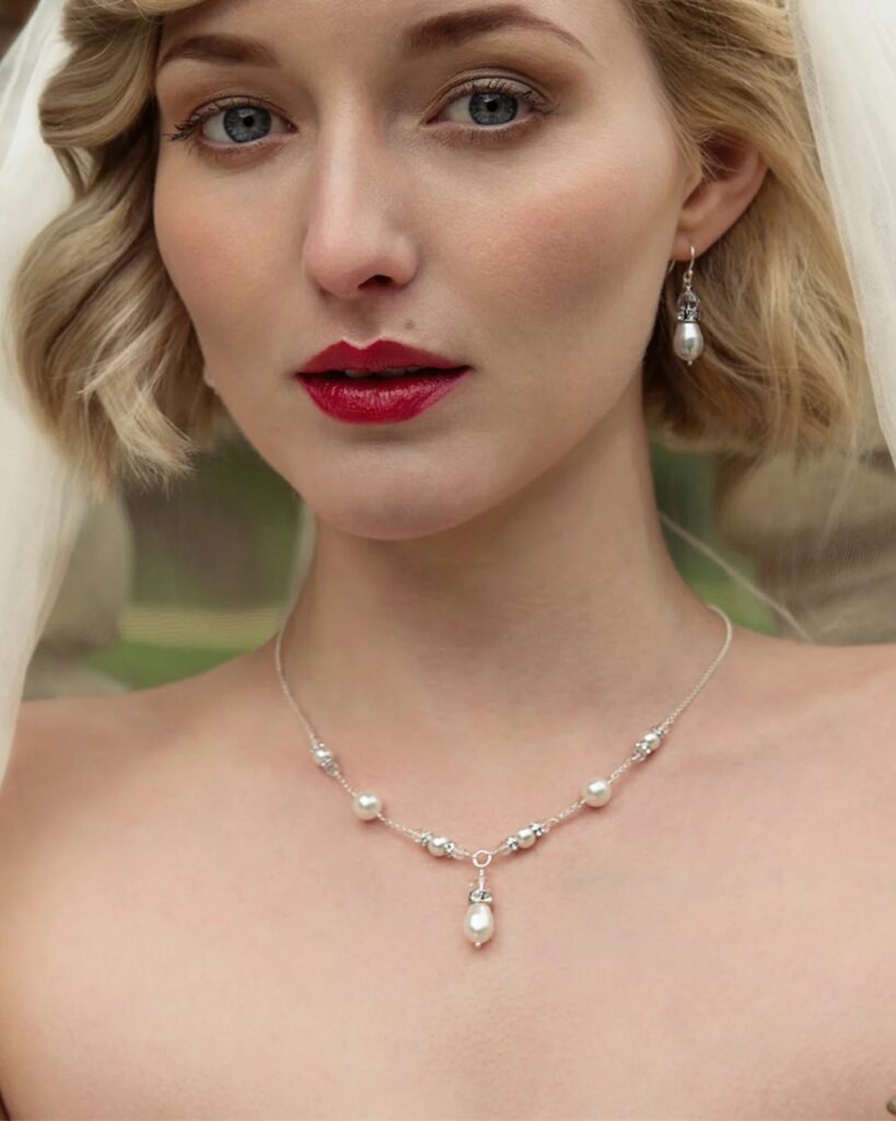crystal and pearl bridal V necklace