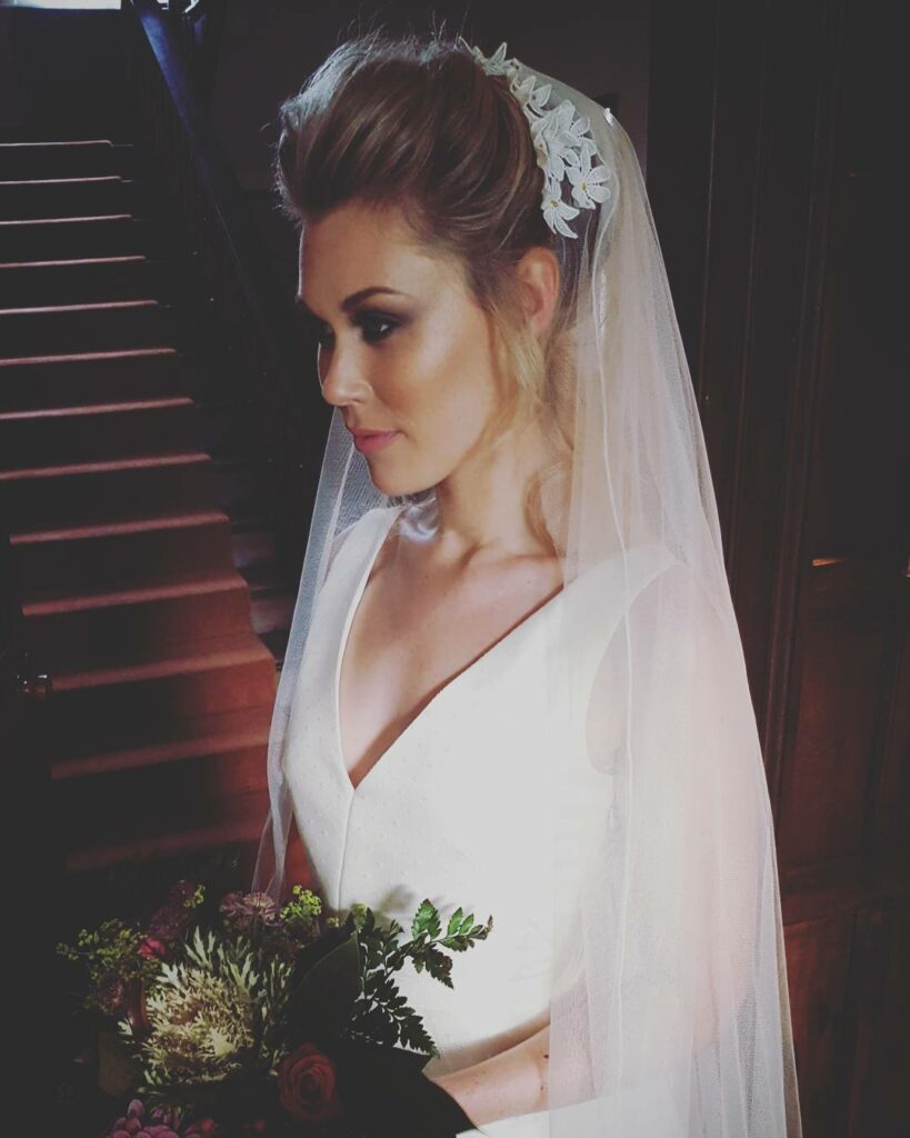 gorgeous high knot bridal updo with daisy veil