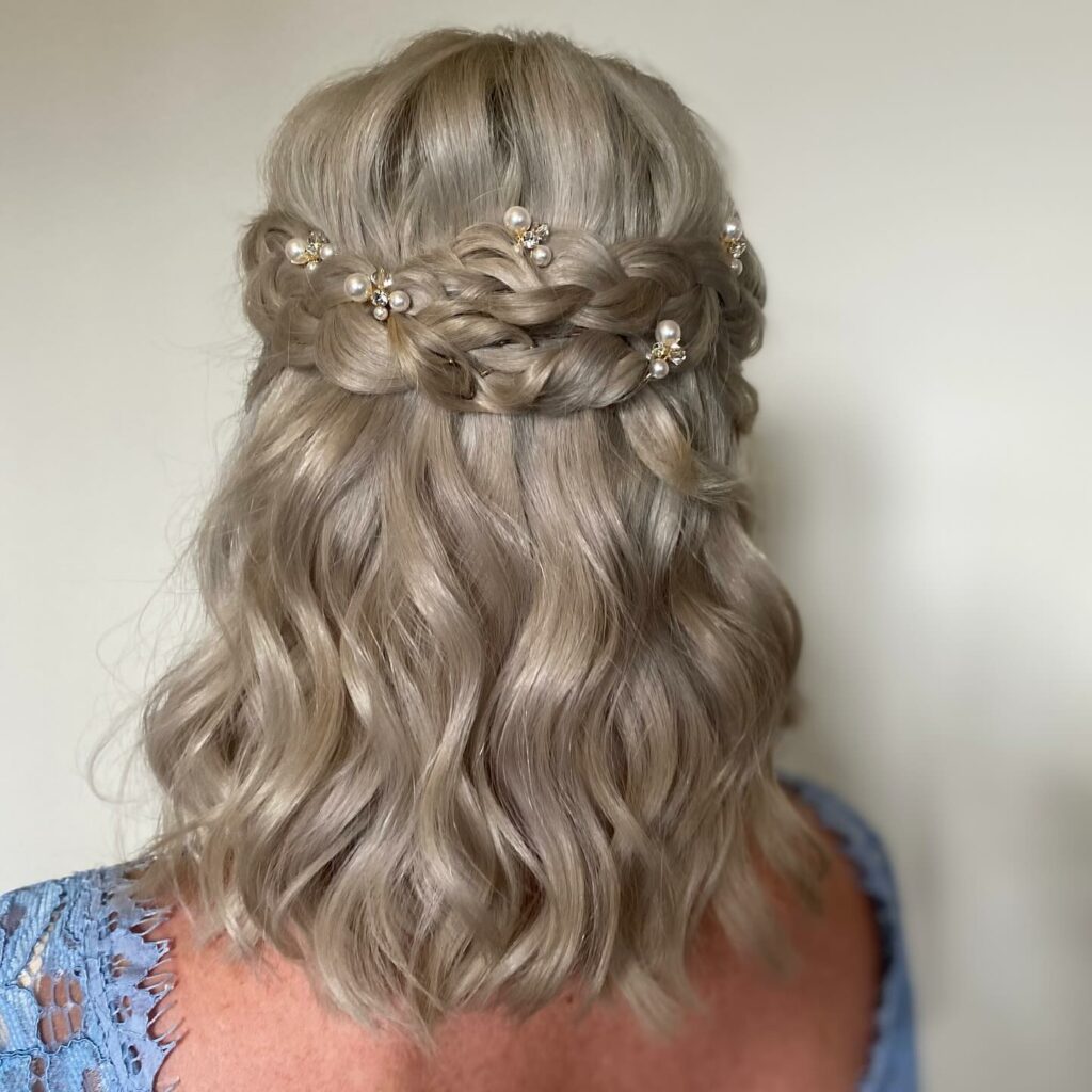 half up half down blonde bridesmaid hair with braids