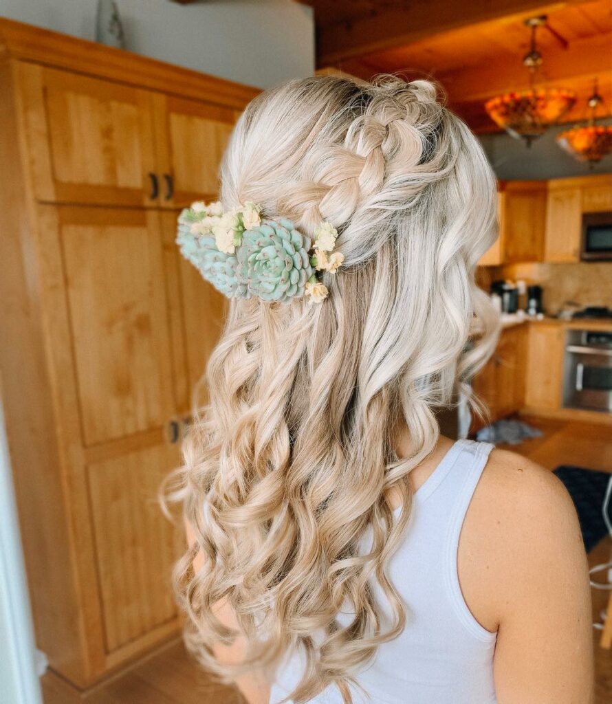 half up half down loose updo with braid for spring wedding