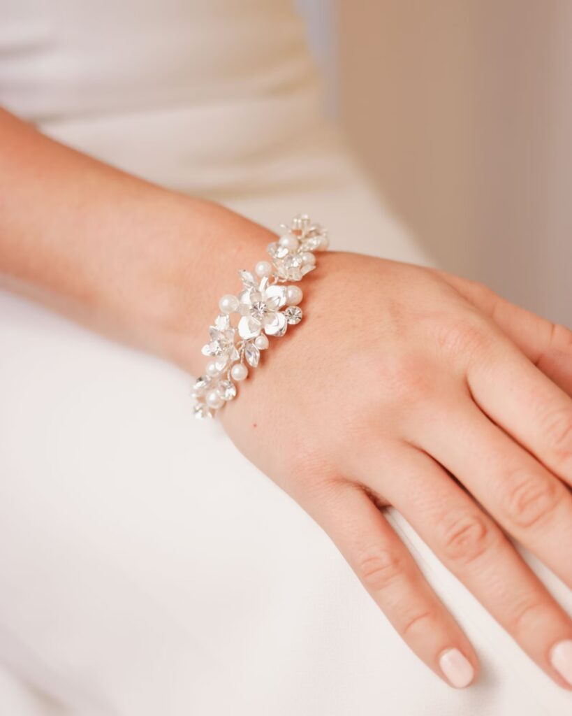 pearl and crystal floral wedding bracelet