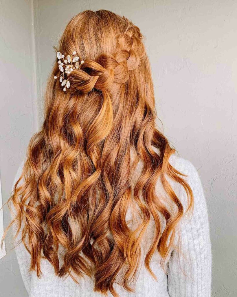 soft and romantic messy half up half down red bridal hairstyle