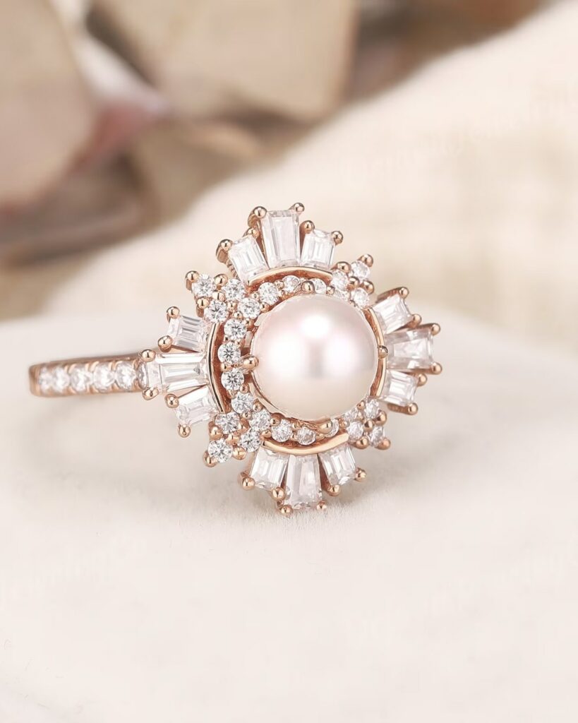 Dainty pearl moissanite wedding ring in rose gold