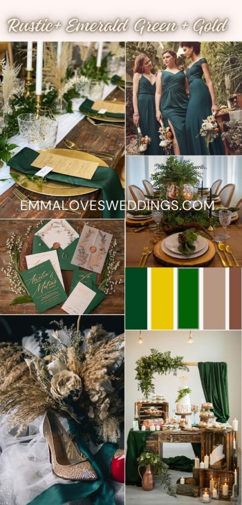 Emerald green and gold rustic wedding colors