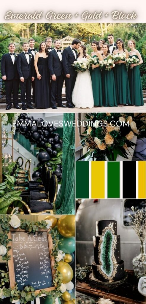 Emerald green, gold and black wedding colors