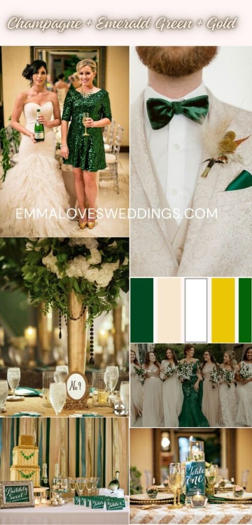 champagne, emerald green and gold wedding theme