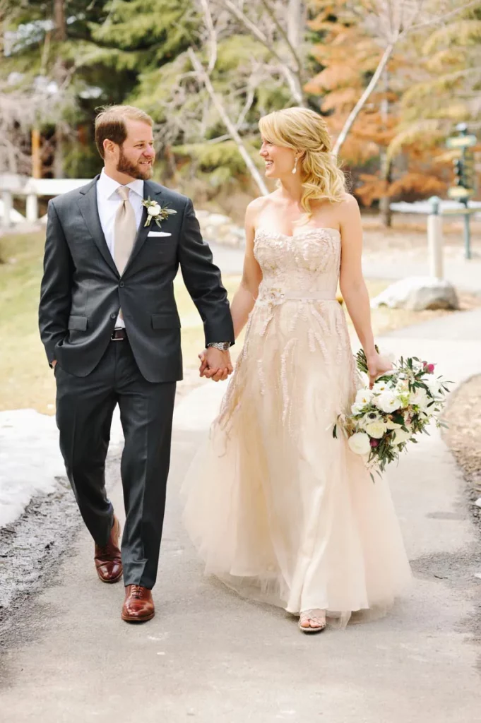charcoal grey and gold groom and bride wedding dress ideas