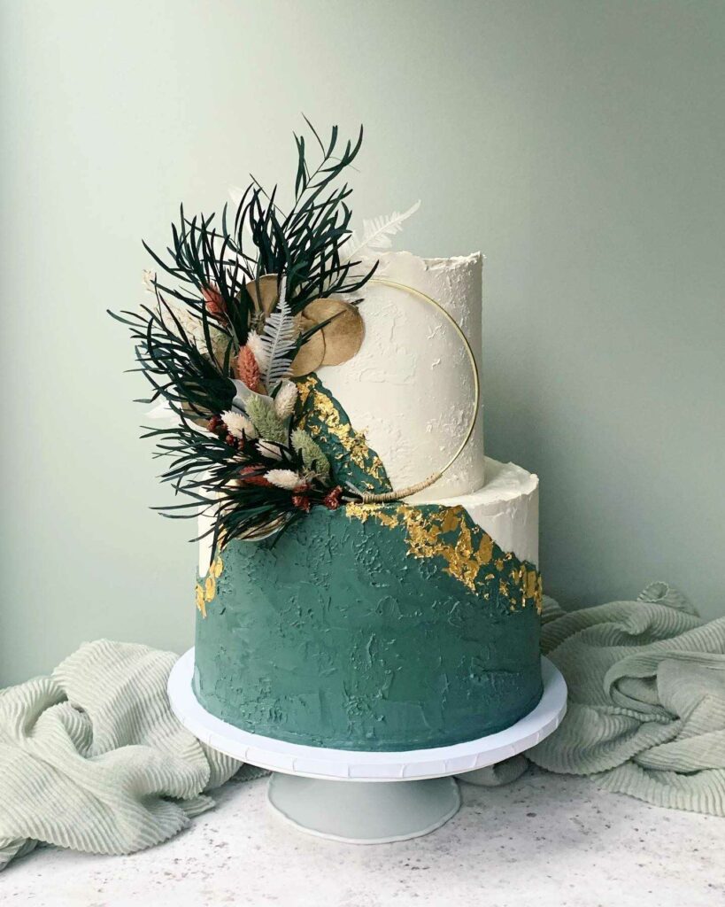 edible green and gold dried flower wedding cake