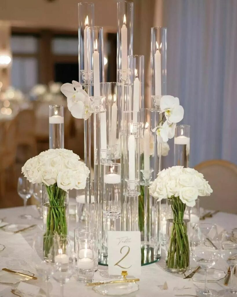 elegant cylinder glass taper candle wedding centerpiece with modern elements and vintage charm