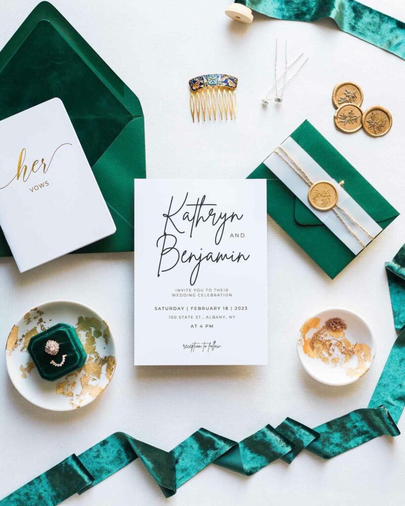 elegant green and gold with white wedding invitation