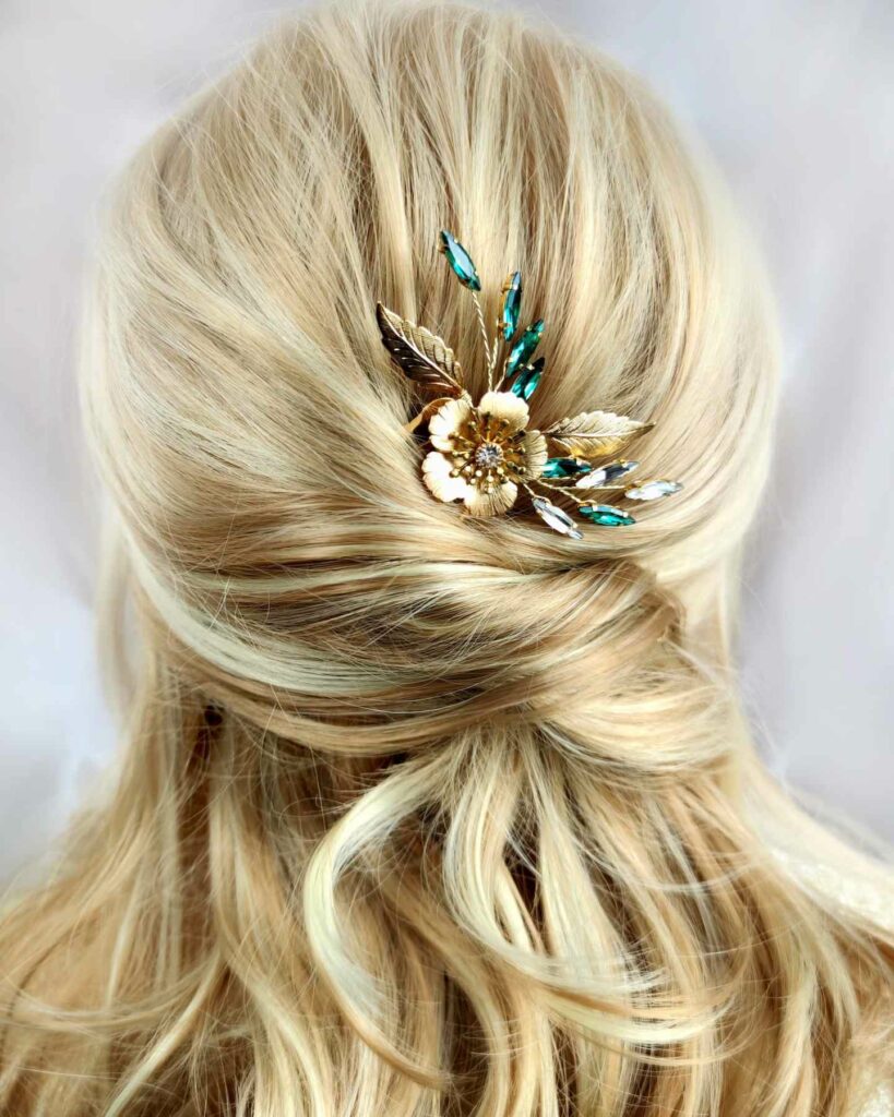 emerald and gold minimal rhinestone wedding hair comb