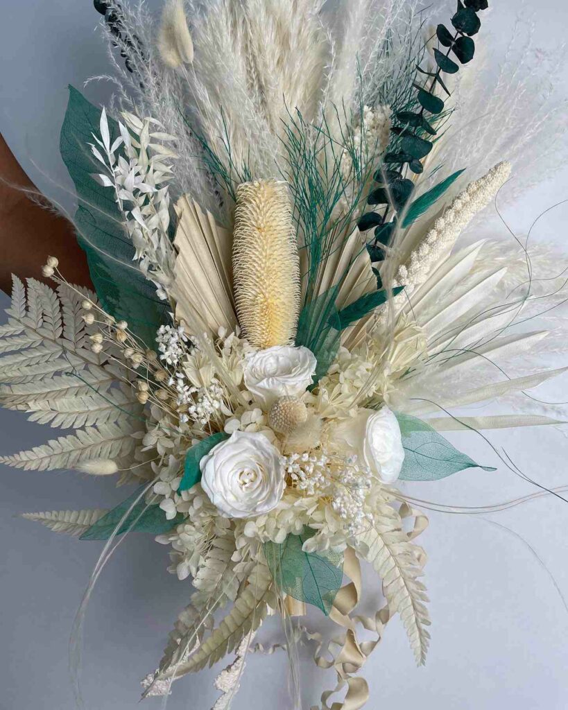 emerald green and gold boho chic dried flower wedding bouquet