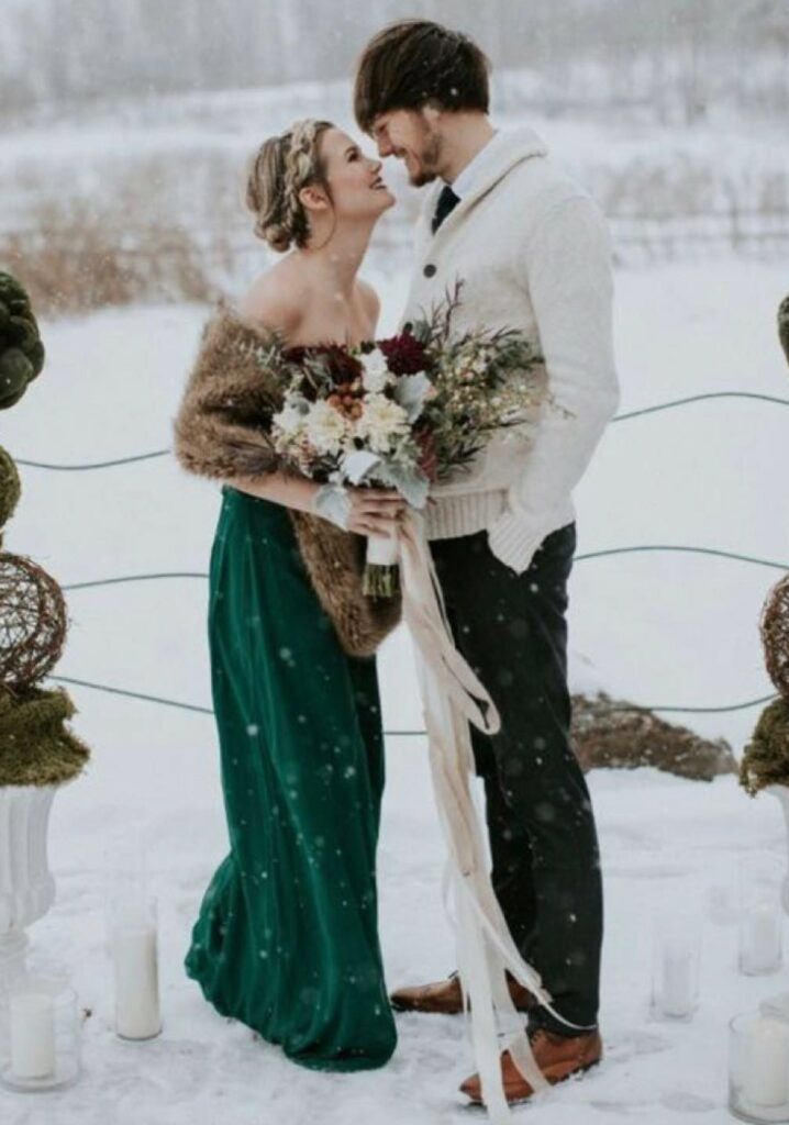 emerald green and gold winter wedding dress ideas