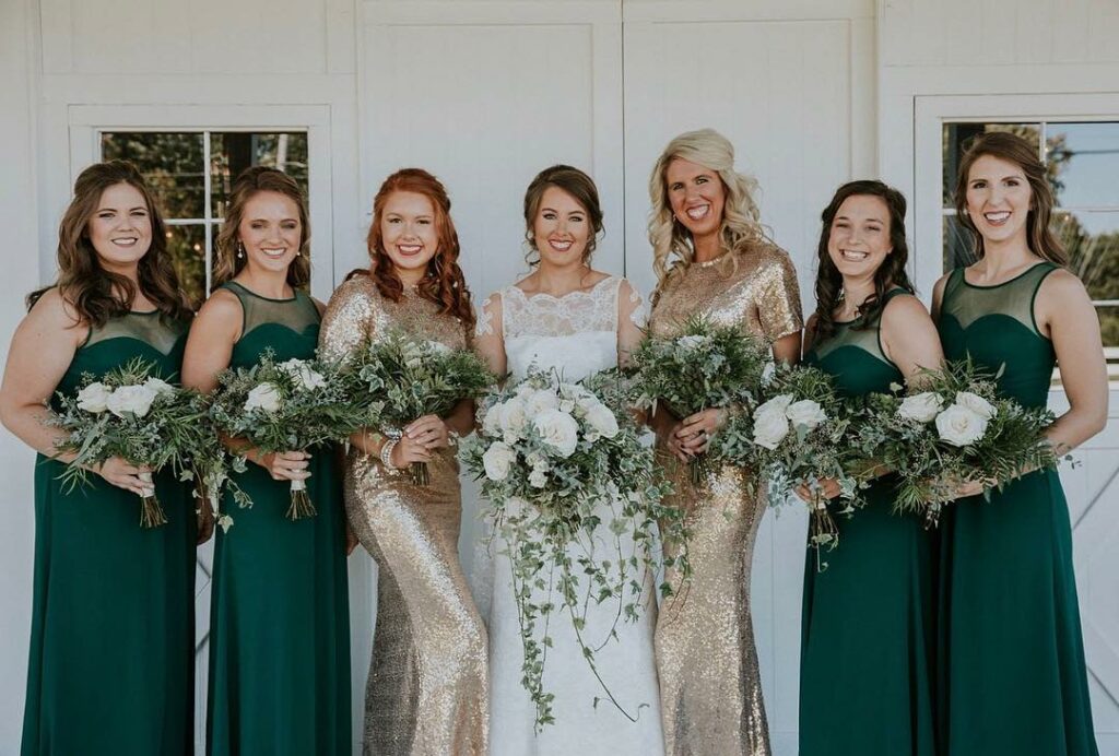 emerald green and sequin gold bridesmaid dress with bouquet