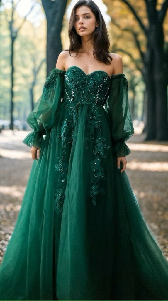 emerald green ball gown tulle wedding dress