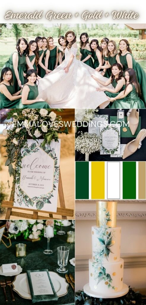emerald green, gold and white wedding colors