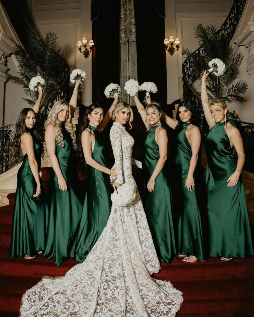emerald green high neck halter bridesmaid wedding dress ideas
