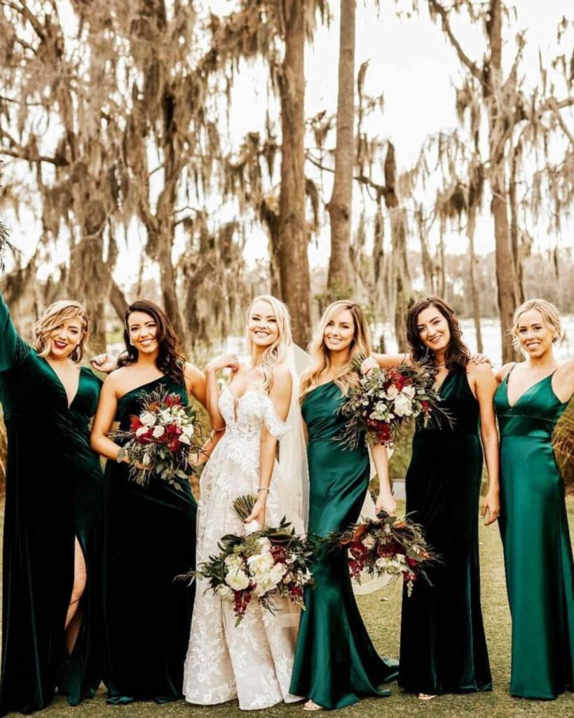 emerald satin and velvet bridesmaid dresses with floral bouquet