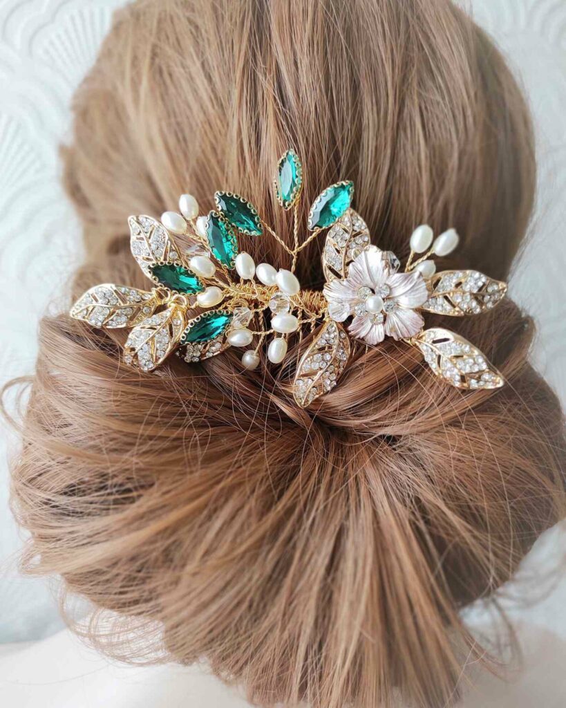 gold and emerald green sparkling wedding hair comb