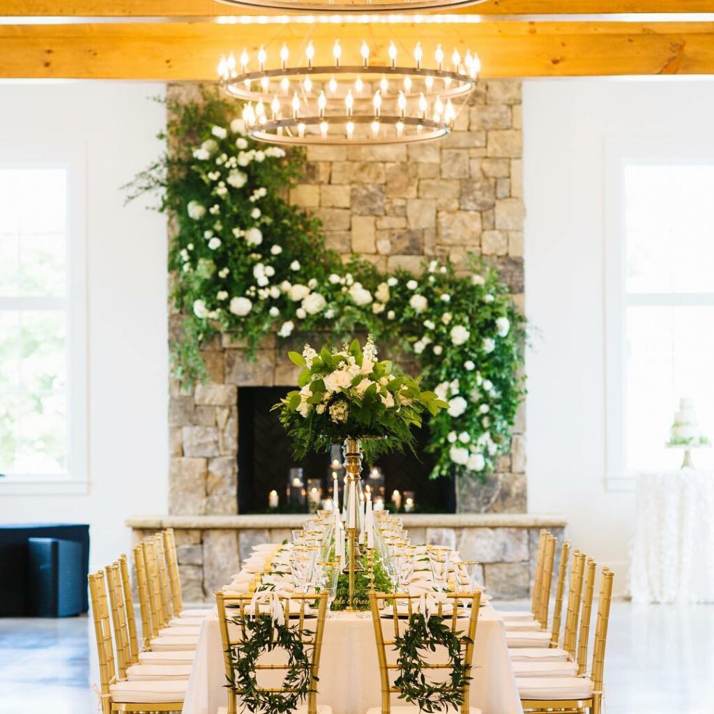 green and gold floral arrangement wedding reception ideas