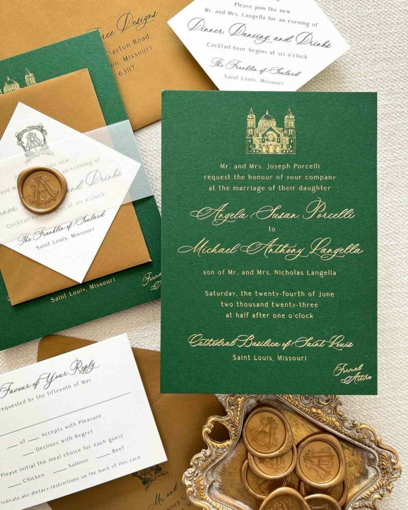 green and gold foil wedding stationary ideas