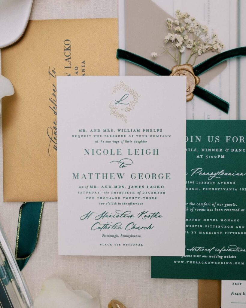 green and gold foil winter wedding invitation