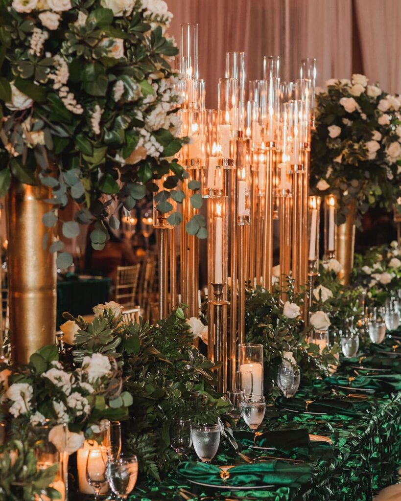 green and gold forest inspired wedding decor ideas