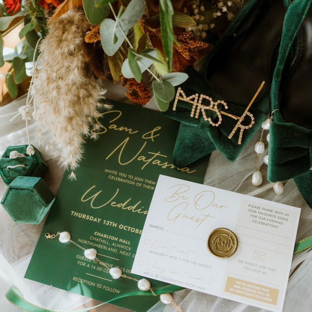 green and gold lettering dreamy wedding invitation ideas