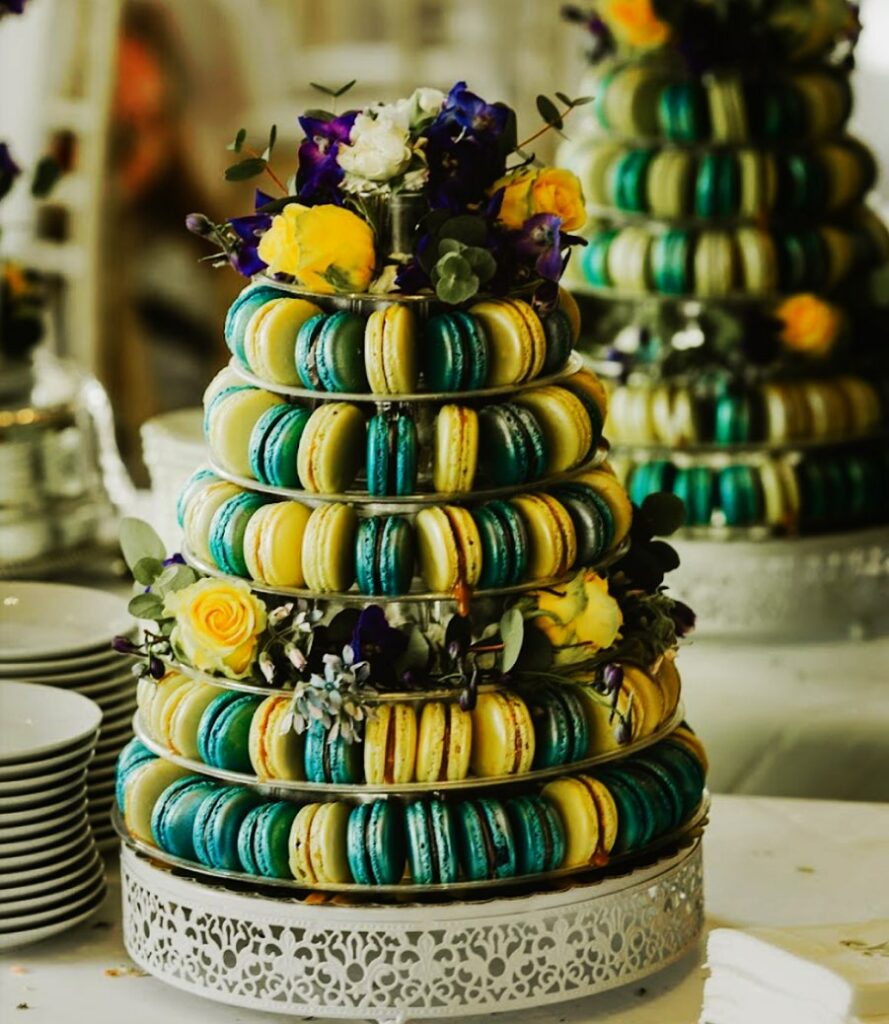 green and gold macaron tower wedding dessert