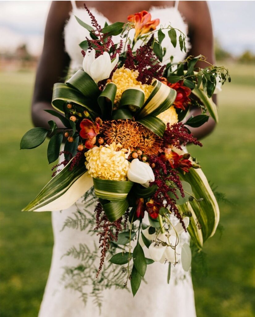 green and gold tropical style wedding bouquet