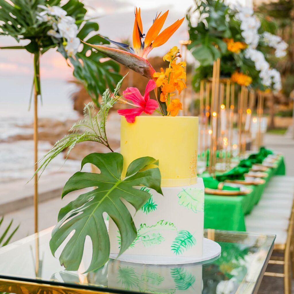 green and gold tropical wedding cake