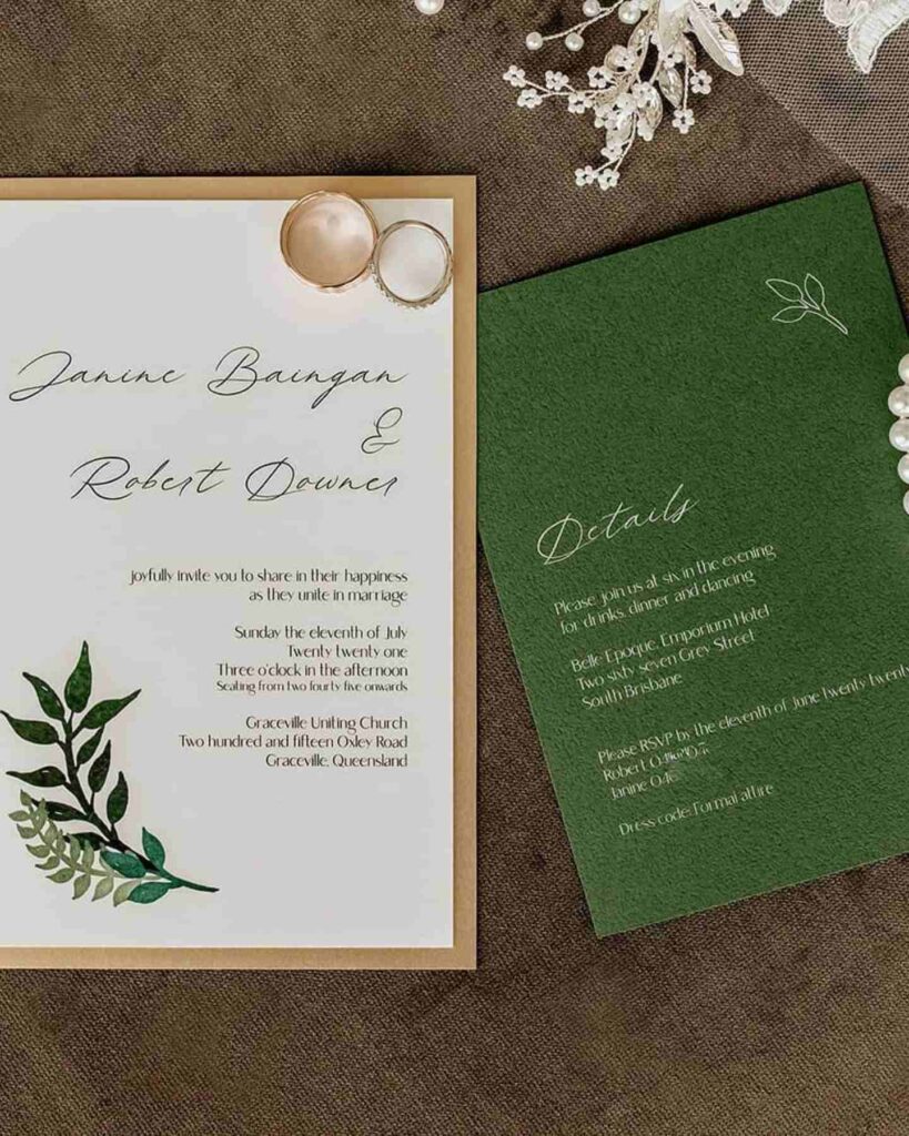 green and gold tropical wedding invitation
