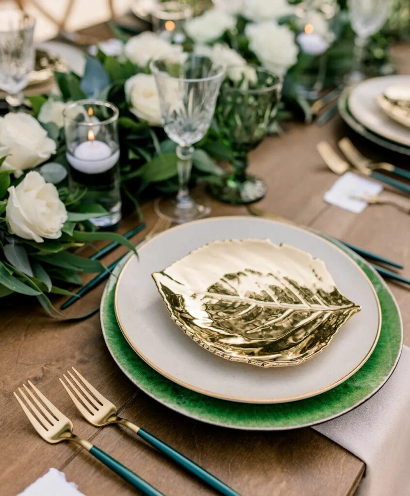 green and gold wedding tablescapes with candles